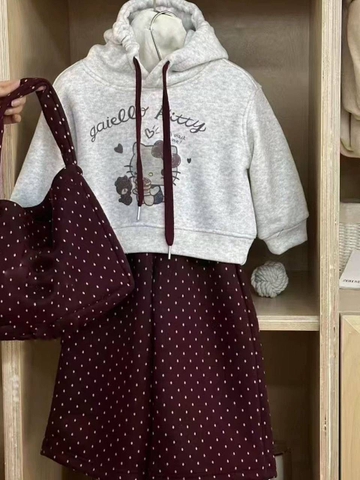 Set 3 món Hello Kitty áo nỉ ghi, quần chấm bi nơ đỏ và túi