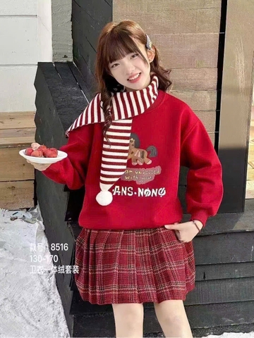 Bộ nỉ ngựa ANS hai màu đỏ, trắng chân váy caro kèm khăn choàng