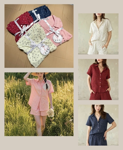 Bộ pyjama cộc tay nữ GUESS 4 màu hoạ tiết hoa
