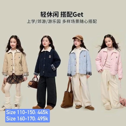 Áo khoác trần bông thêu gấu 4 màu hồng - navy - nâu - xanh dương
