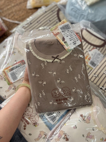 Bộ dài tay cotton thỏ nâu cổ viền ren size ĐẠI bé gái