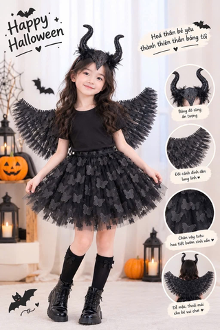 Bộ hóa trang Ác quỷ 3 món chân váy, cánh đen có đèn và băng đô sừng