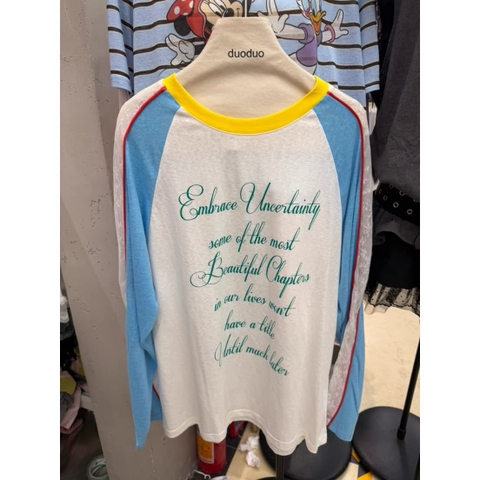Áo cotton dài tay raglan ren phối xanh