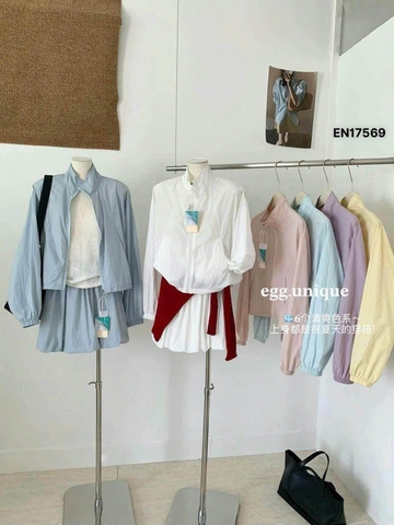 Bộ áo khoác gió chân váy bí 6 màu xanh đậm, xanh nhạt, vàng, hồng