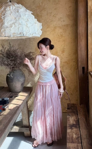 Áo hai dây phối ren trắng hồng cho nữ