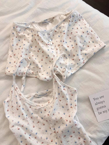 Bộ ngủ 2 dây đệm ngực họa tiết thỏ trắng