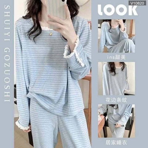 Bộ ngủ xanh kẻ ngang mix ren dài tay cho nữ