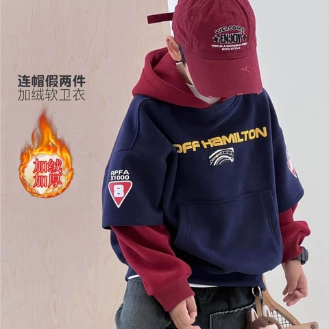 Áo hoodie nỉ bông xanh navy phối đỏ Joff Hamilton