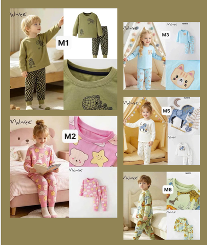 Bộ cotton Malwee dài tay 6 mẫu khủng long, mèo, ngựa...