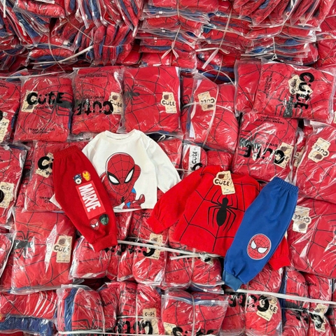 Set 2 bộ cotton dài tay Spiderman phối đỏ, trắng, xanh mix quần nỉ