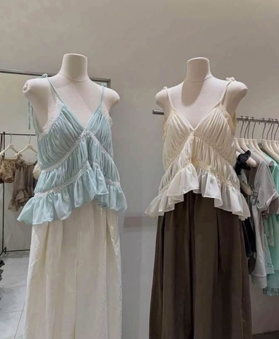 Áo hai dây bèo tầng Minji Design hay màu xanh, trắng kem