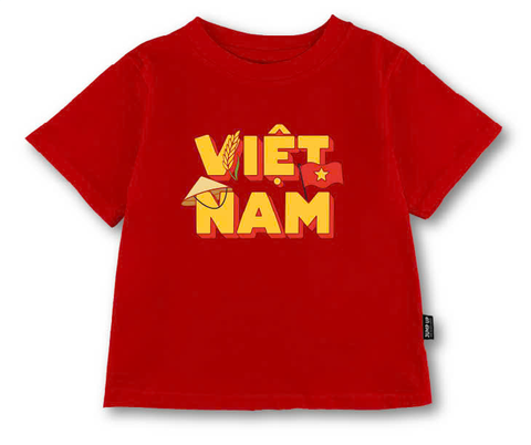 Áo phông ELAINE màu đỏ chữ VIỆT NAM in hình cờ, bông lúa và nón