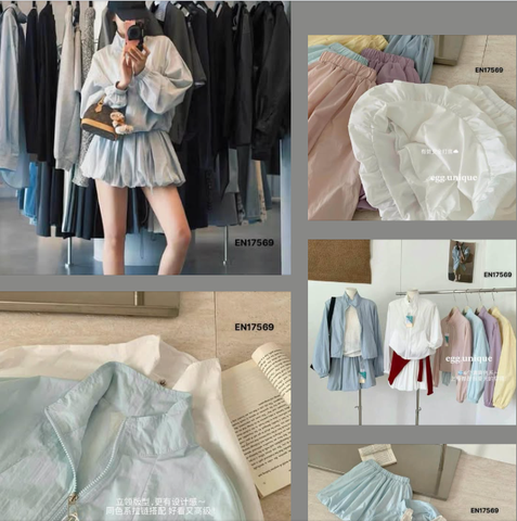 Bộ áo khoác gió chân váy bí 6 màu xanh đậm, xanh nhạt, vàng, hồng