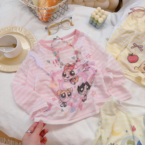Áo giấy dài tay kẻ ngang hoạt hình mẫu Power Girl, Twinkle...