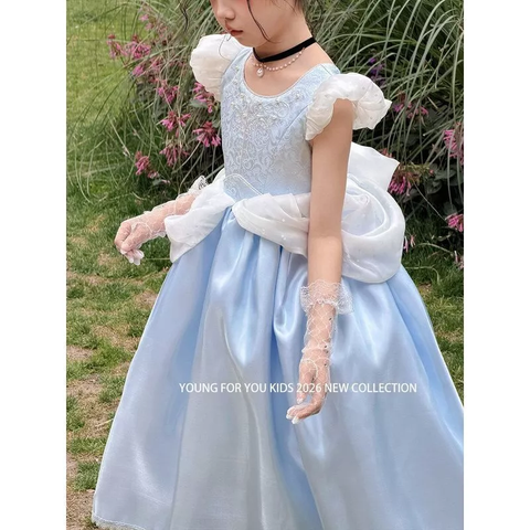 Váy công chúa Cinderella xanh dương nhiều tầng kèm găng tay ren