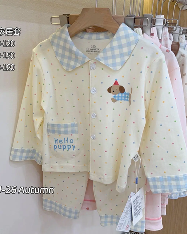 Bộ pyjama cotton trắng caro xanh họa tiết cún chấm bi sắc màu Bolan Isle