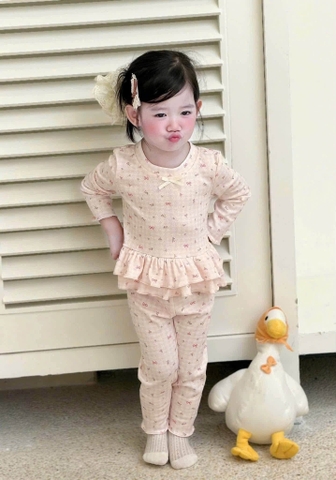Set 2 bộ cotton dài tay đính nơ màu 2 màu xanh, hồng