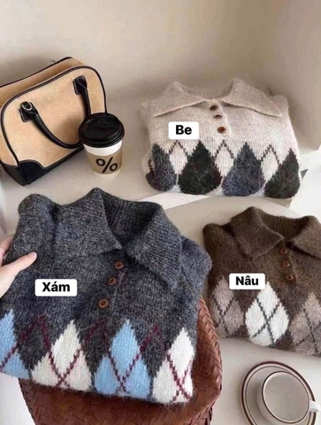 Áo len polo dài tay cài cúc hoạ tiết trám 3 màu be, xám, nâu