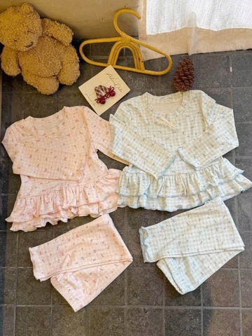 Set 2 bộ cotton dài tay đính nơ màu 2 màu xanh, hồng