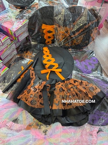 Bộ hoá trang Halloween phù thuỷ 3 món 2 màu tím, cam