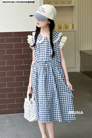 Váy sát nách kẻ caro xanh cổ bèo ren Munaya Studio