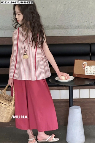 Bộ áo kẻ sát nách Munaya Studio quần lửng ống rộng 2 màu Đỏ và Xám