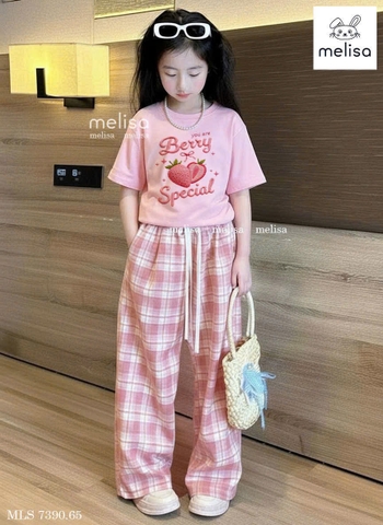 Bộ cộc tay hồng quả dâu You are Berry hãng Melisa quần caro dài