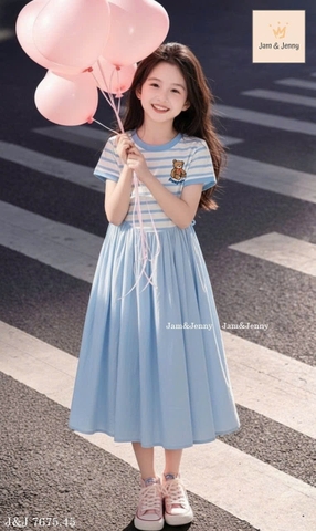 Váy cotton thô cộc tay Jam&Jenny xanh kẻ ngang họa tiết gấu