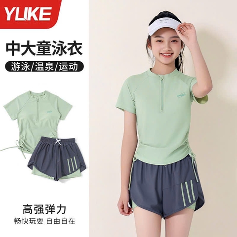 Bộ bơi Created YLike cộc tay màu xanh quần sooc 2 lớp bé gái