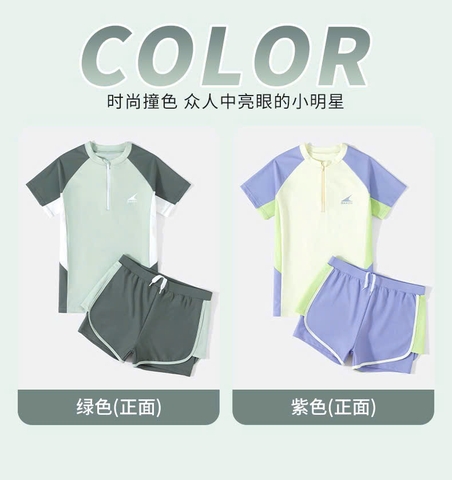 Bộ bơi BARCN Ylike cộc tay quần sooc 2 màu trắng-tím và xanh bé gái