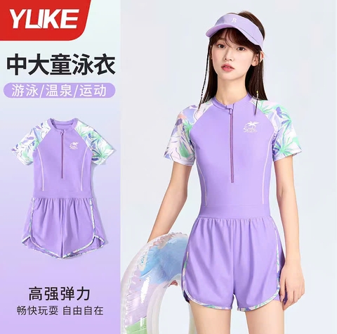 Bộ bơi liền YUKE cộc tay 2 màu xanh và tím phối tay loang hoa