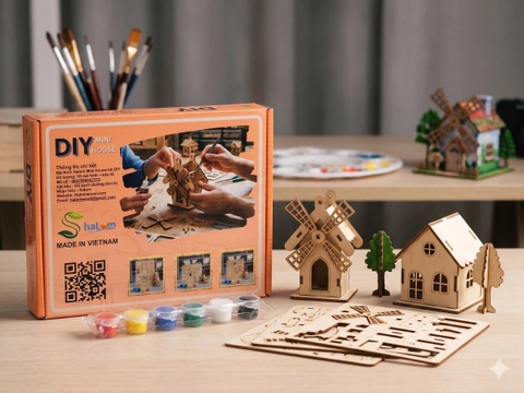 Bộ 10 Nhà Gỗ Mini DIY Halom Mô Hình Lắp Ráp & Tô Màu Sáng Tạo Cho Bé, Decor Bàn Học