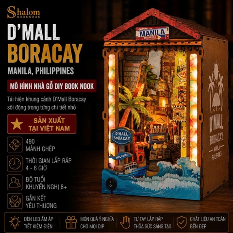 Mô Hình Gỗ DIY Book Nook Halom D'Mall Boracay Manila Philippines Có Đèn LED Decor Kệ Sách Quà Tặng