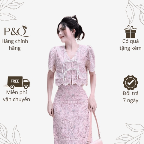 Set áo kèm váy maxi vải xô thêu đục lỗ hai lớp dự tiệc sang chảnh | set12