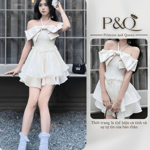 Đầm váy xòe chân váy mini nơ ngực trễ vai hai lớp có bigsize | vd10