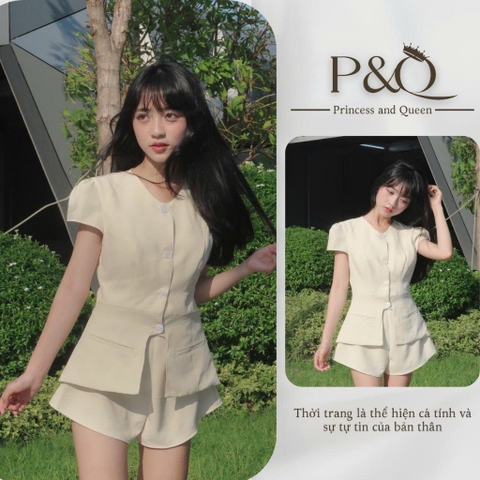Set áo cổ V tay phồng kèm quần phối cúc phong cách tiểu thư xinh xắn nhẹ nhàng | set26