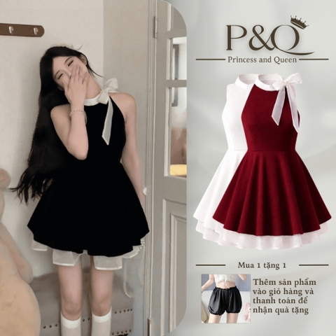 Đầm váy xòe chân váy mini vải goothun hai lớp cổ yếm nơ có bigsize | vd37