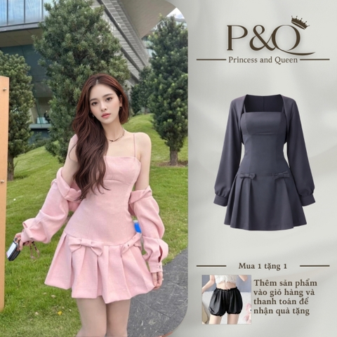 Set váy / đầm dạ text Hàn váy hai dây phối nơ kèm áo khoác croptop tay bồng thiết kế tiểu thư | vd93