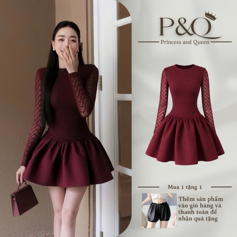 Đầm xòe thiết kế tay dài ren phối tafta cao cấp sang trọng nữ tính | vd64