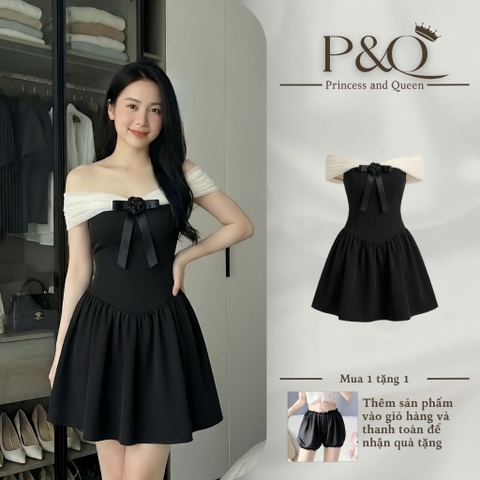 Váy Trễ Vai Dáng Xòe Phối Bèo Trắng Đính Nơ Ngực, Đầm Xòe Tiểu Thư Sang Chảnh Đi Chơi Dự Tiệc | vd119