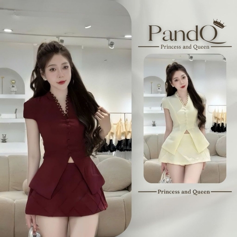 Set Đồ Nữ Kiểu Pháp Áo Vest Peplum Cổ Bèo Tay Ngắn Và Chân Váy Ngắn Xếp Tầng Cao Cấp | set36