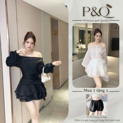 Set áo và váy trễ vai dáng ngắn đầm phối hoa tơ sang trọng màu trắng đen | set32