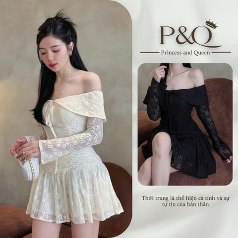 Đầm Ren Xòe Trễ Vai Tay Dài Dáng Ngắn Mini Hai Tone Màu Trắng Hoặc Đen Tôn Dáng | vd106