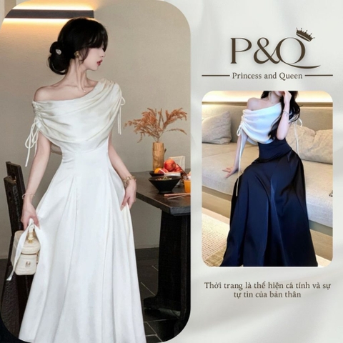Đầm Trễ Vai Thiết Kế Dáng Xòe Thanh Lịch, Váy Nữ Sang Trọng Dự Tiệc Cotton Hàn Cao Cấp | vd107
