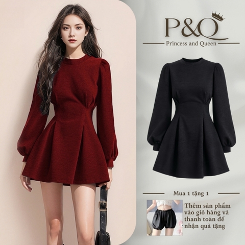 Đầm Xòe Tay Dài Phồng Cổ Tròn Phong Cách Hepburn Dáng Tiểu Thư Sang Trọng Thanh Lịch | vd104