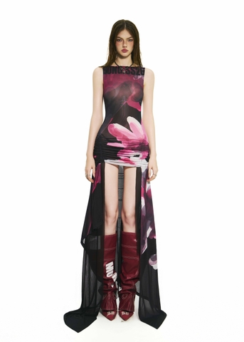 BONG Blooms Hand Drawn Front Thigh Ruched Layer Dress
