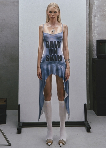 RAW Text Printed Straps Ruffled Asymmetric Hem Mini Dress