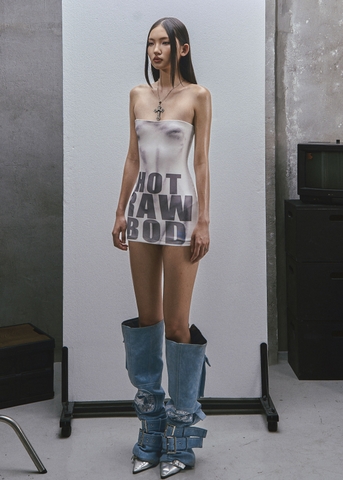 RAW Text Printed Strapless Dress