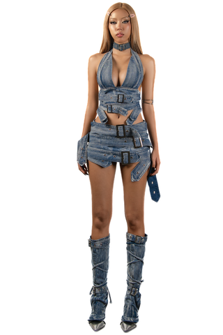POP Buckles Belts Denim Mini Skirt