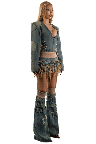 POP Bold Shoulder Lace Up Side Denim Blazer